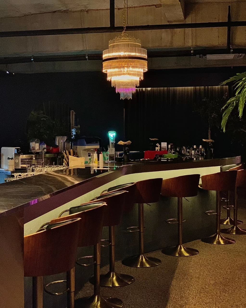 어두운 실내 층층이 겹쳐진 샹들리에 조명 아래 곡선형 바 테이블과 일렬로 놓인 1인용 목재 높은 의자들