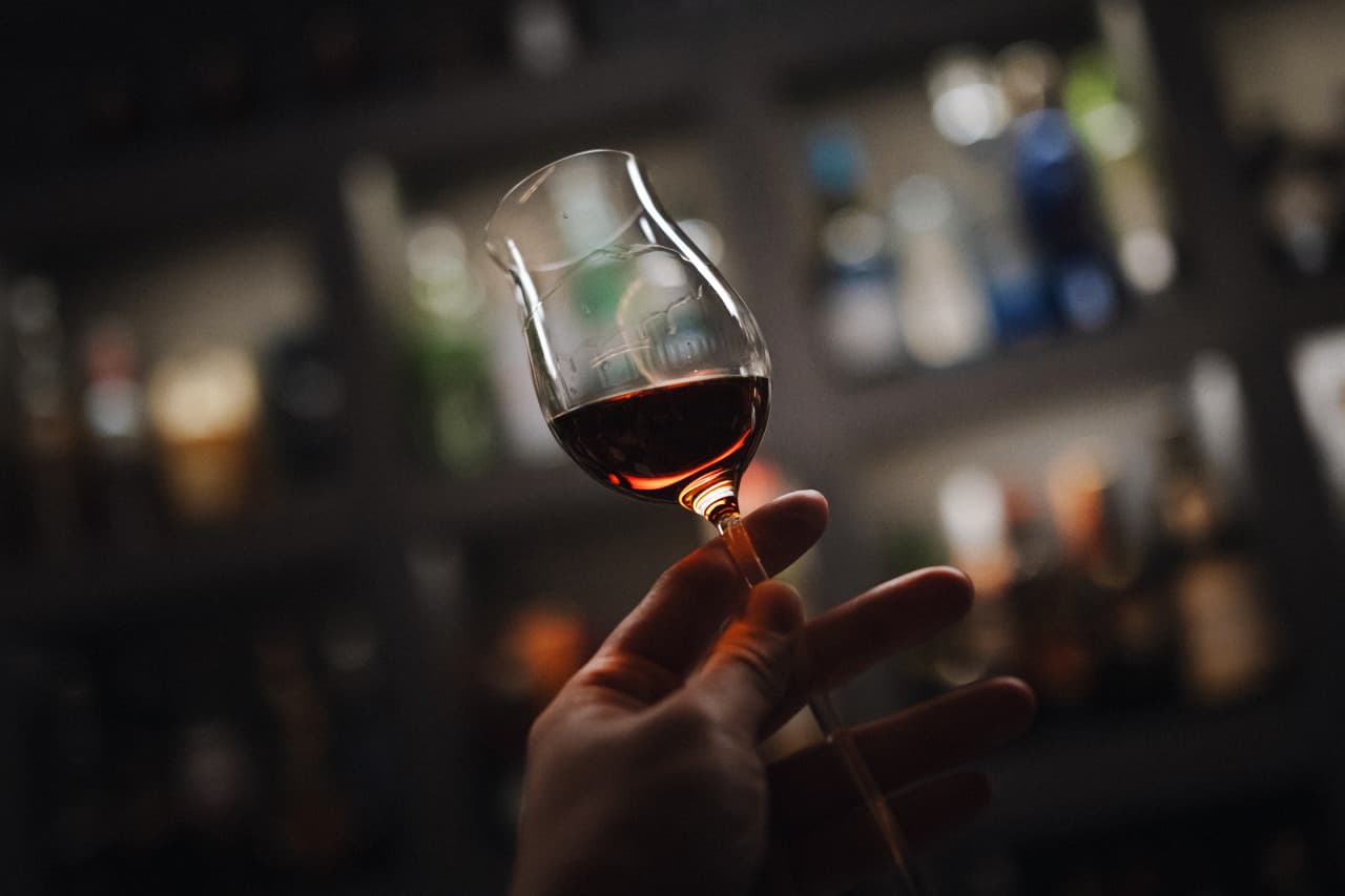 어두운 조명 아래 수많은 술병이 진열된 선반을 배경으로 짙은 호박색 액체가 담긴 글라스를 손에 든 모습