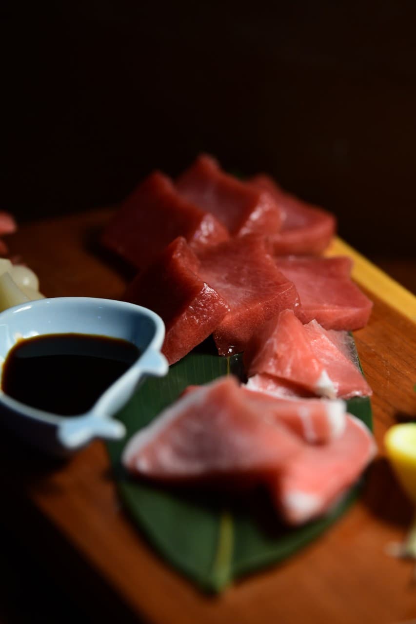 경기도 수원시 고래다 수원 장안 오뎅바 다찌석 1인 혼술. 조명 아래 윤기 나는 참치 사시미와 간장 종지가 놓인 목재 테이블.