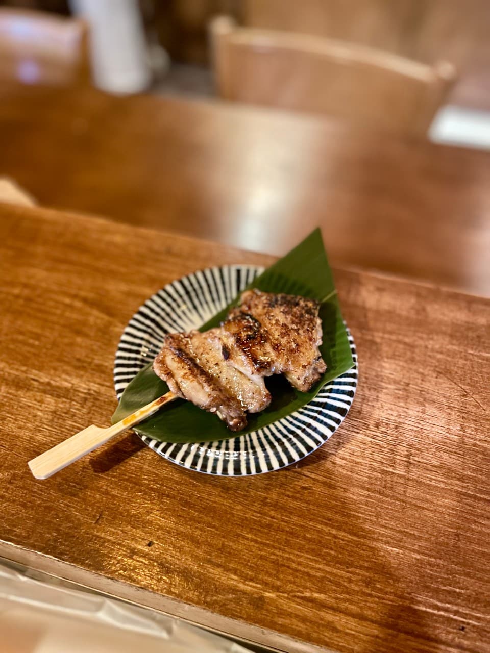 경상남도 사천시 야키토리 낙원 이자카야 1인 다찌석에 놓인 숯불 꼬치구이. 조명 아래 줄무늬 접시와 나뭇잎 위로 윤기 흐르는 고기 질감이 강조된 혼술 상황.