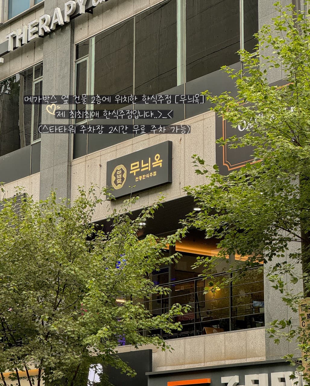 전남광주통합특별시 서구 요리주점 무늬옥 전남 외관. 2층 창가 다찌석의 노란 조명과 혼술 하기 적합한 1인석 배치가 가로수 너머로 보이는 상황