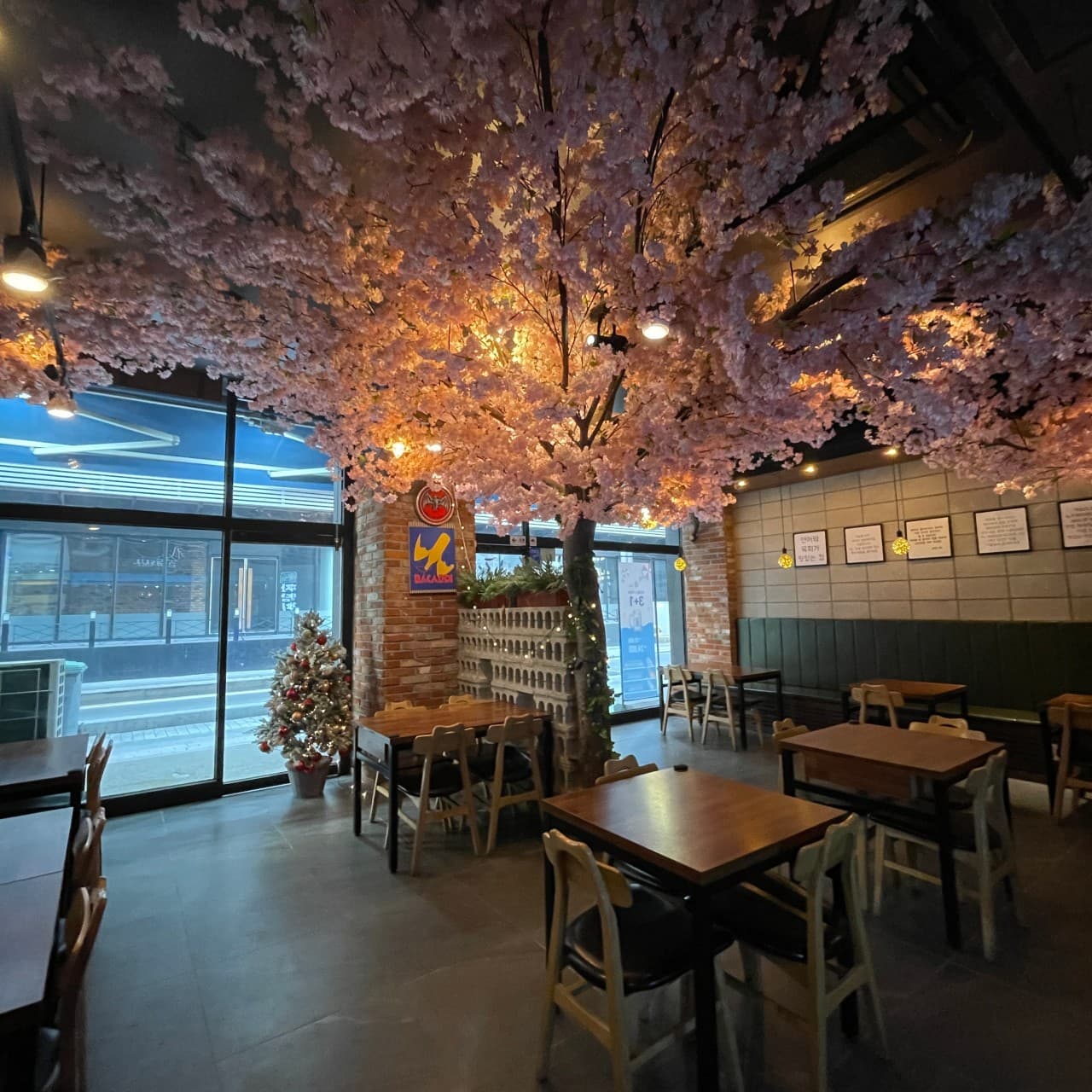 경기도 안산시 기술 경기 안산 요리주점 내부 대형 벚꽃 조형물 아래 배치된 나무 테이블과 펜던트 조명이 비치는 1인 혼술 공간