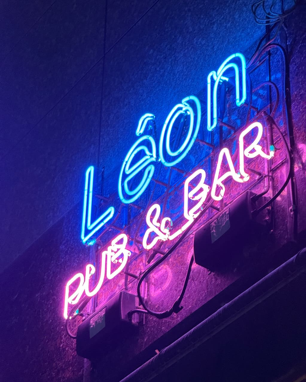 경상북도 안동시 레옹 정하점 경북 바(Bar) 외벽의 푸른색과 분홍색 네온사인. 혼술 전용 다찌석이 있는 내부로 이어지는 밤 거리의 조명.