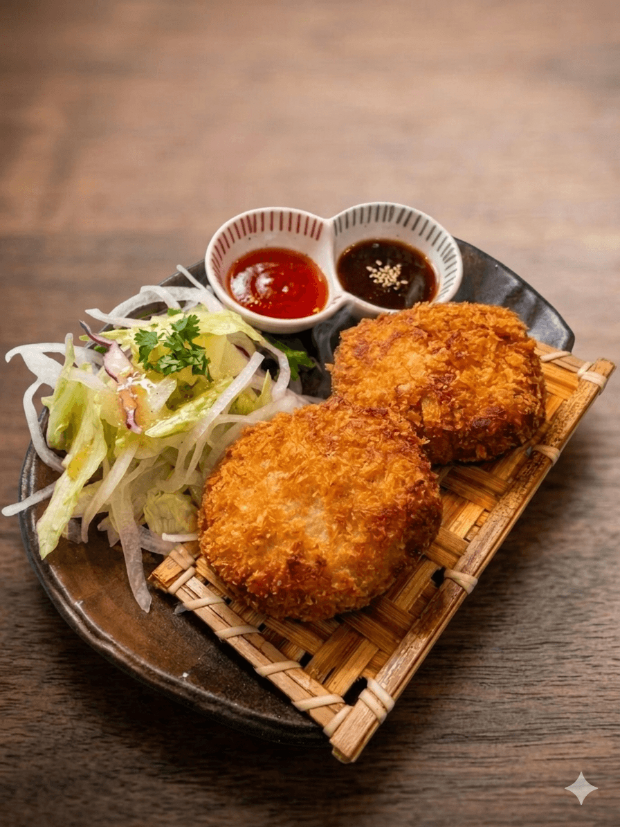 인천광역시 서해구 이자카야 니치니치 인천 1인 다찌석에 놓인 바삭한 고로케와 샐러드. 노란 조명이 비치는 나무 테이블 위에서 혼술로 즐기는 튀김 요리