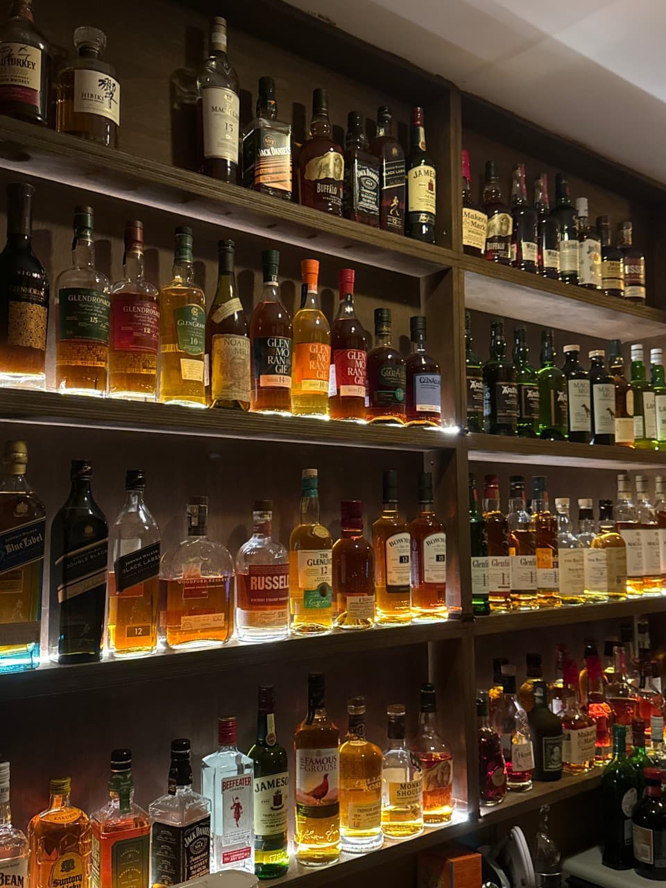 제주특별자치도 서귀포시 혼술바 고도 서귀포점 제주 바(Bar). 선반 조명 아래 진열된 위스키 병들과 1인 다찌석에서 혼술을 즐기는 정적인 상황.