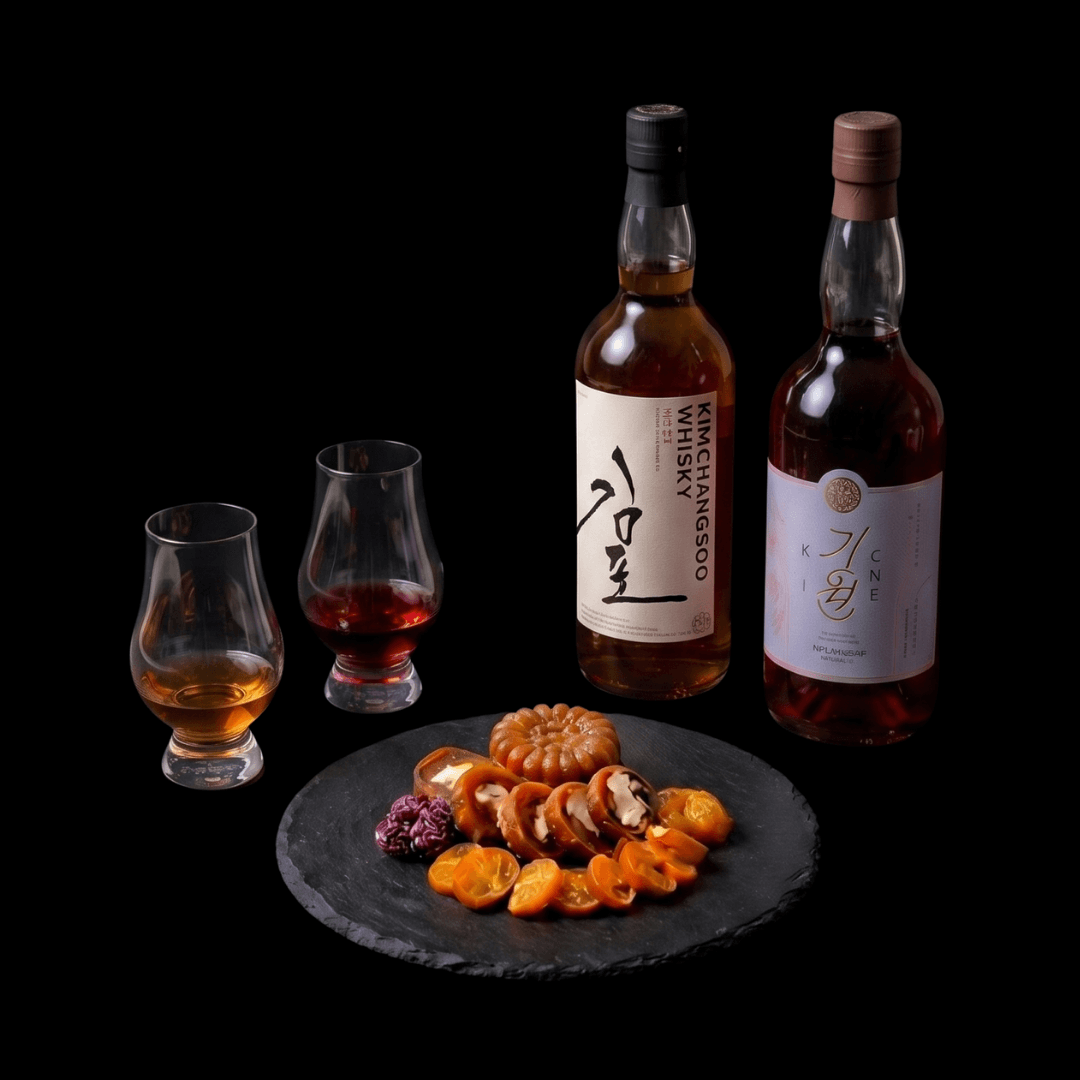 강원특별자치도 속초시 주경야독 바(Bar)의 어두운 조명 아래 다찌석. 위스키 두 병과 잔, 약과와 곶감말이 안주가 놓인 1인 혼술 차림.