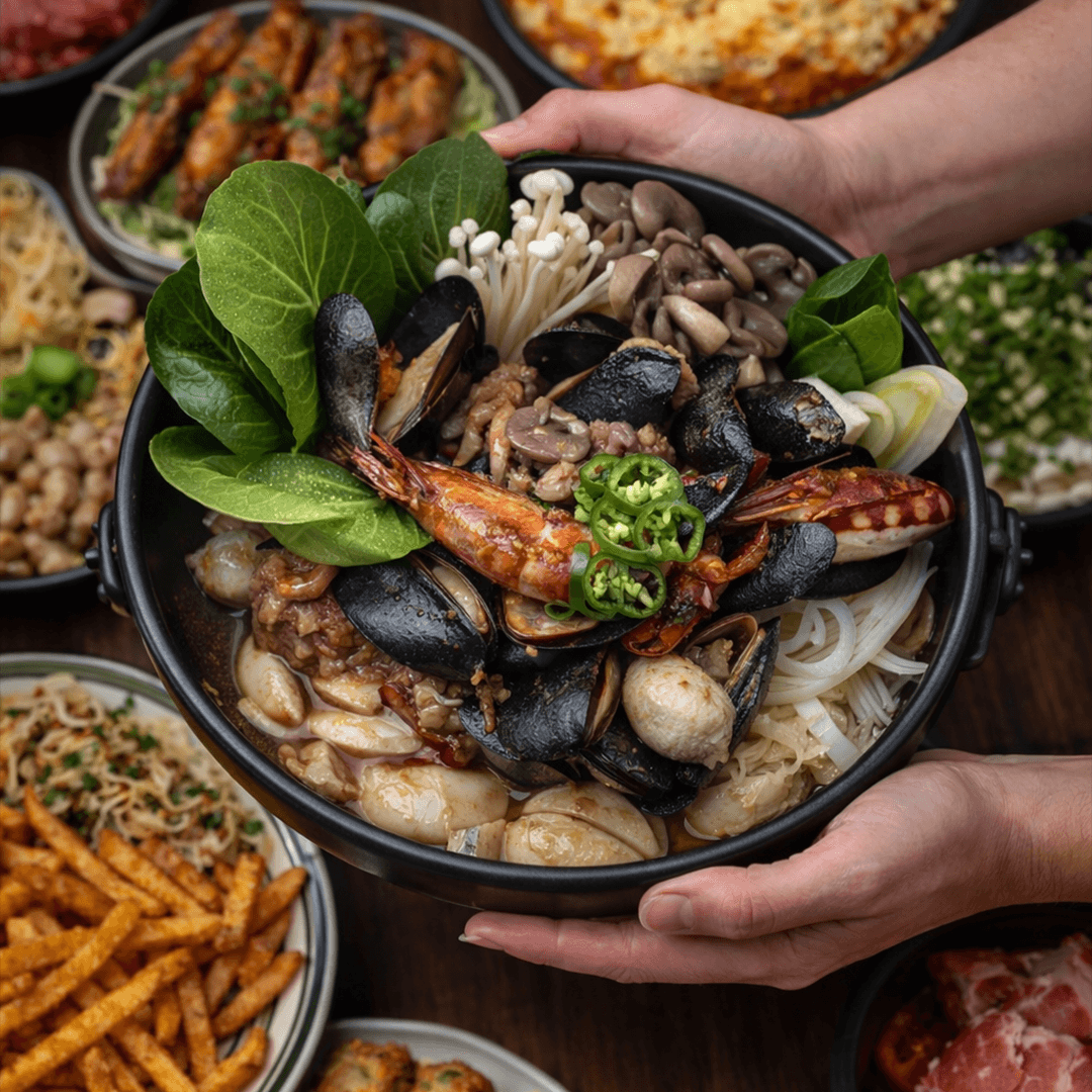 강원특별자치도 삼척시 하루엔 이자카야 다찌석 조명 아래 홍합과 새우가 담긴 전골. 혼술을 위한 1인 메뉴와 요리의 질감이 강조된 구성.