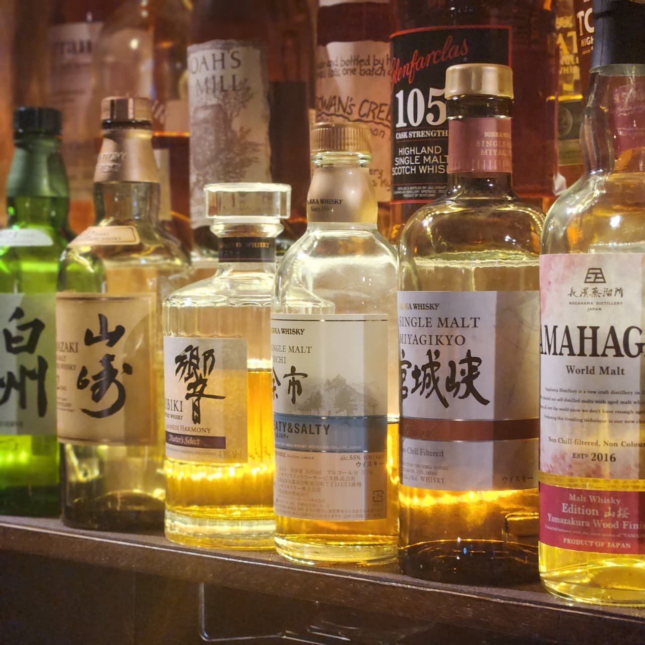 충청북도 충주시 혼술 바(Bar) 조용의 노란 조명 아래 진열된 다양한 위스키 병들. 나무 선반 위 다찌석에서 보이는 황금빛 액체의 질감과 라벨.