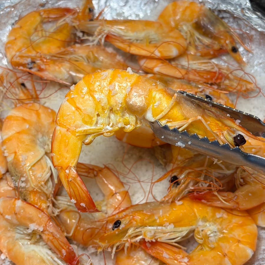 충청북도 청주시 요리주점 회오리 청주율량점 1인 다찌석 조명 아래 소금 위 붉은 새우 구이를 집게로 들어 올리는 혼술 상황